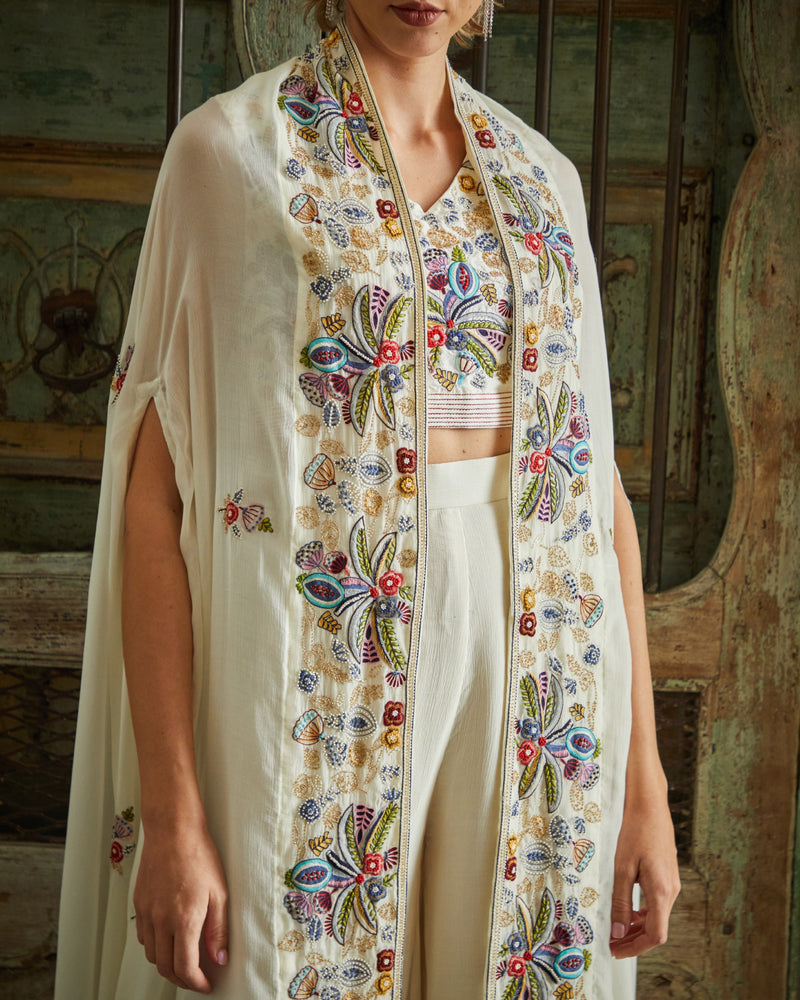 Designer White Hand Embroidered Plazzo Jacket Set