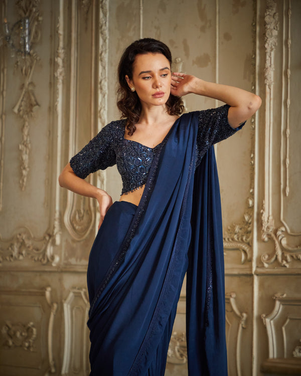 Designer Blue color Hand Embroidered saree blouse set