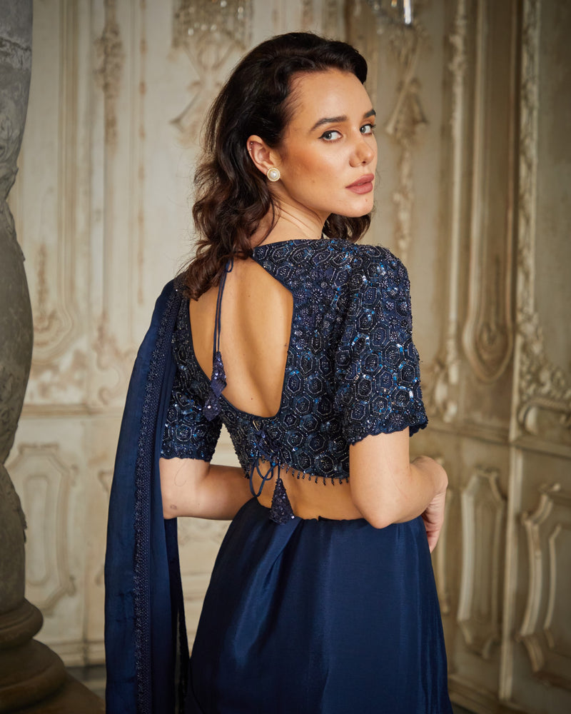 Designer Blue color Hand Embroidered saree blouse set