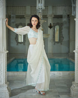 Designer white color Hand Embroidered saree blouse set