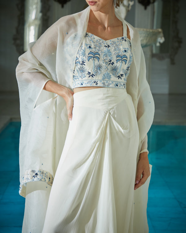 Designer white color Hand Embroidered drape skirt Jacket set