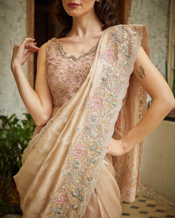 Designer beige color Hand Embroidered saree
