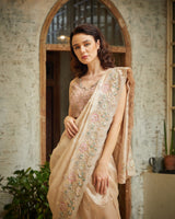 Designer beige color Hand Embroidered saree