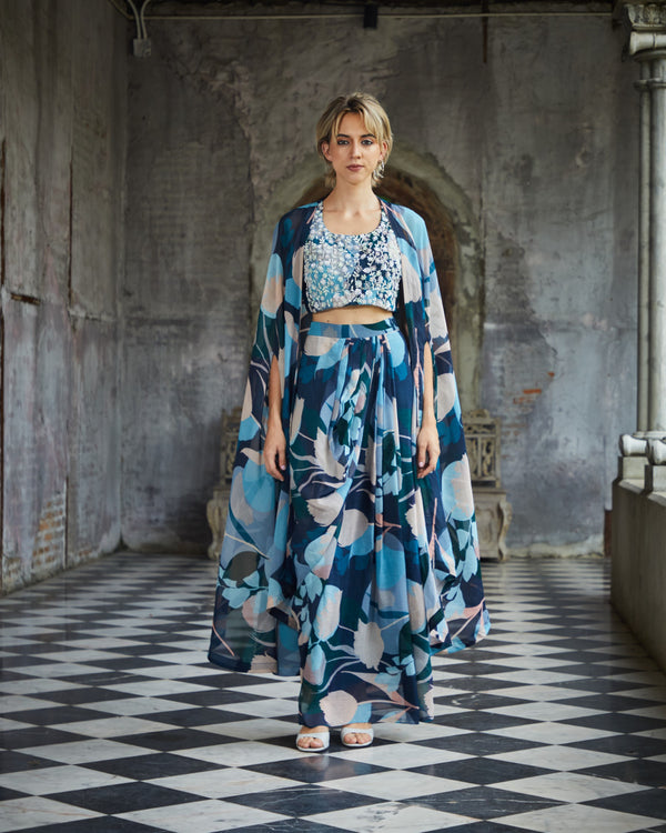 Designer Blue color Hand Embroidered drape skirt Jacket set