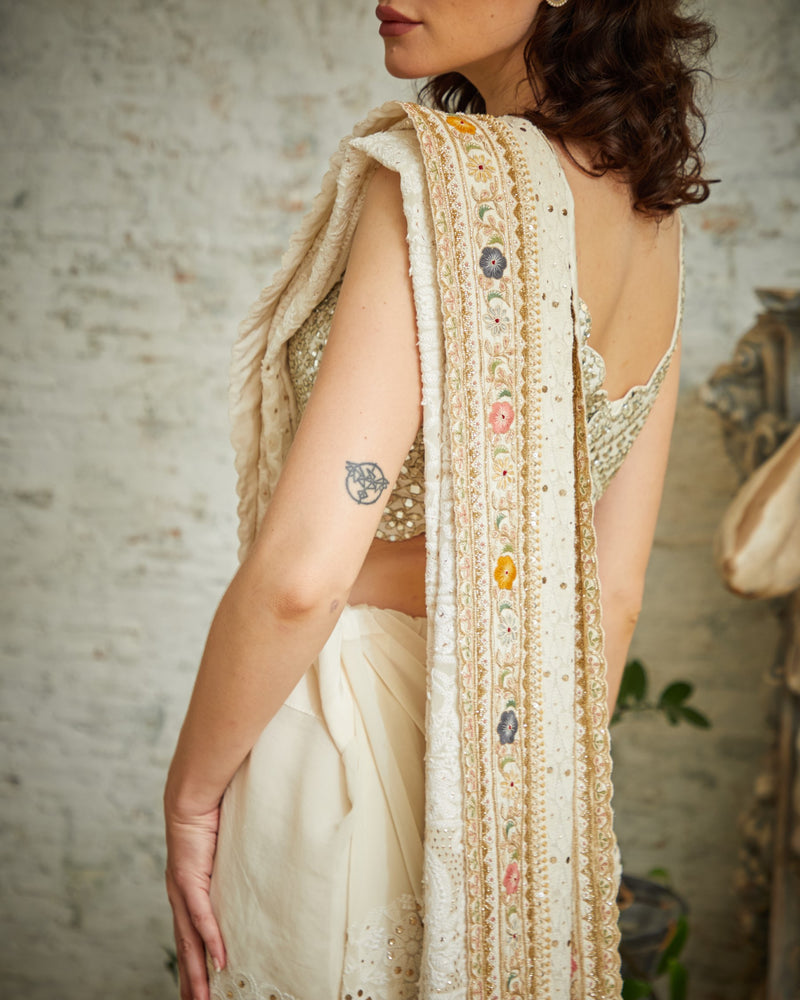 Designer white color Hand Embroidered saree