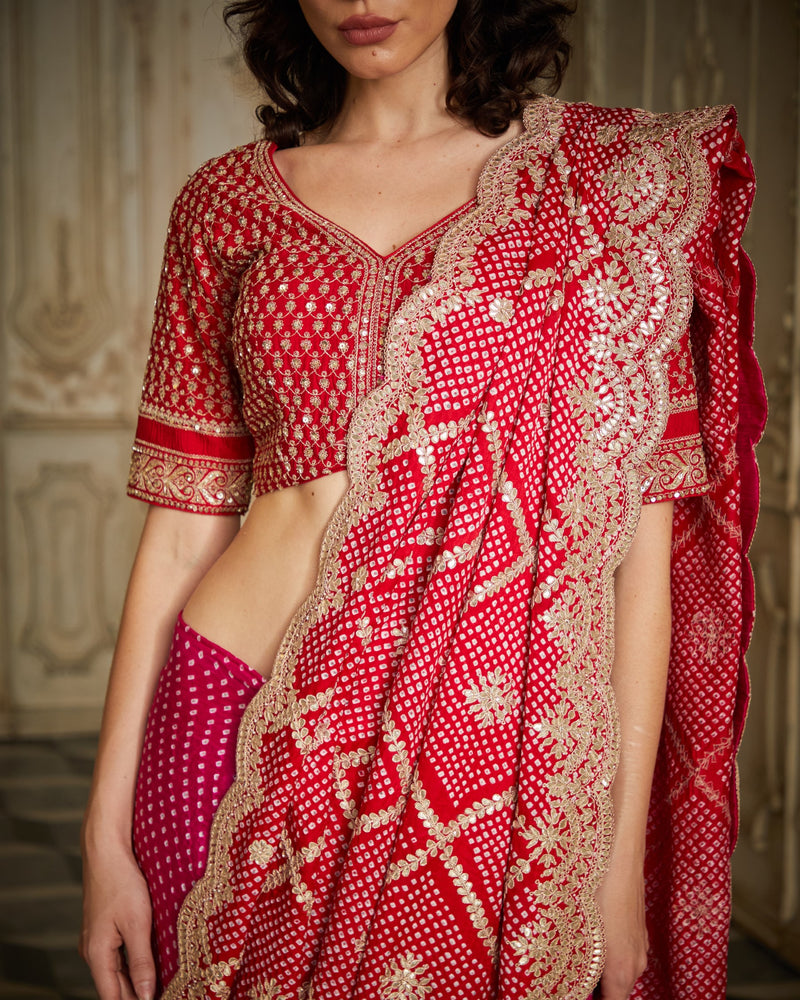 Designer red and Pink color Hand Embroidered saree