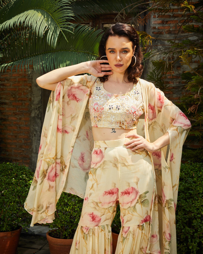 Designer Yellow colour floral printed Hand Embroidered PLAZZO JACKET SET sasyafashion