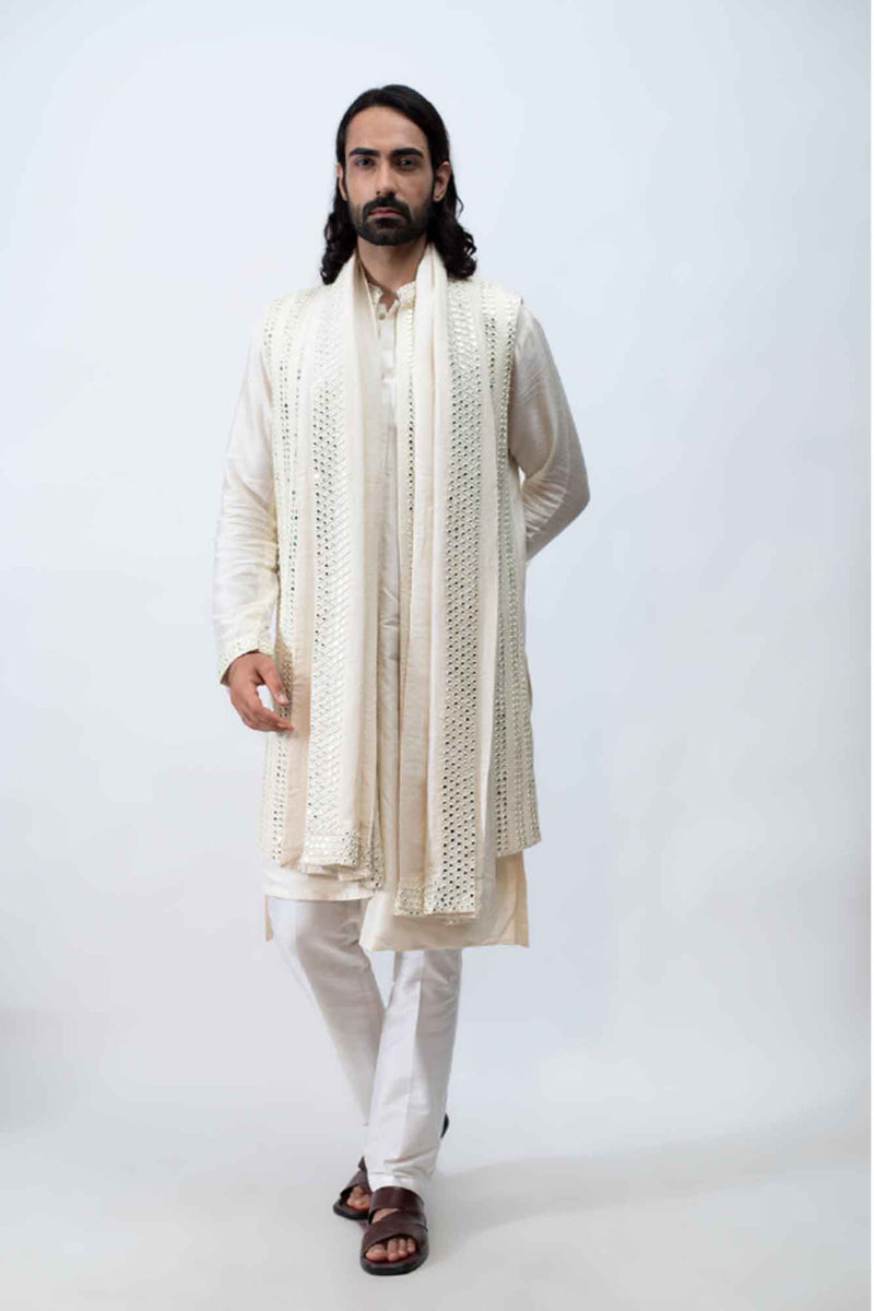 Ivory kurta with Achkan set, paired with mirror dupatta. sasyafashion