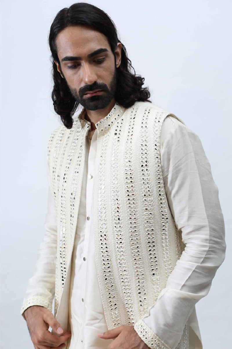 Ivory kurta with Achkan set, paired with mirror dupatta. sasyafashion