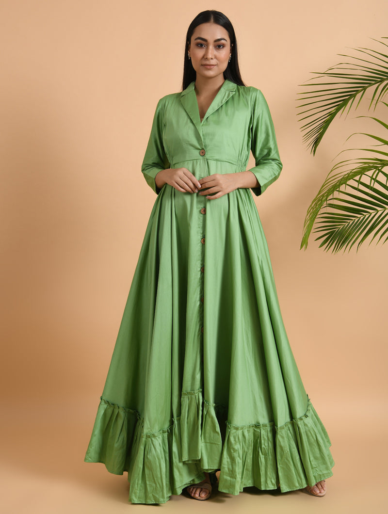 Buy Sensational Rama Green & Mustard Poly Rayon Digital Printed Western Gown  | Lehenga-Saree