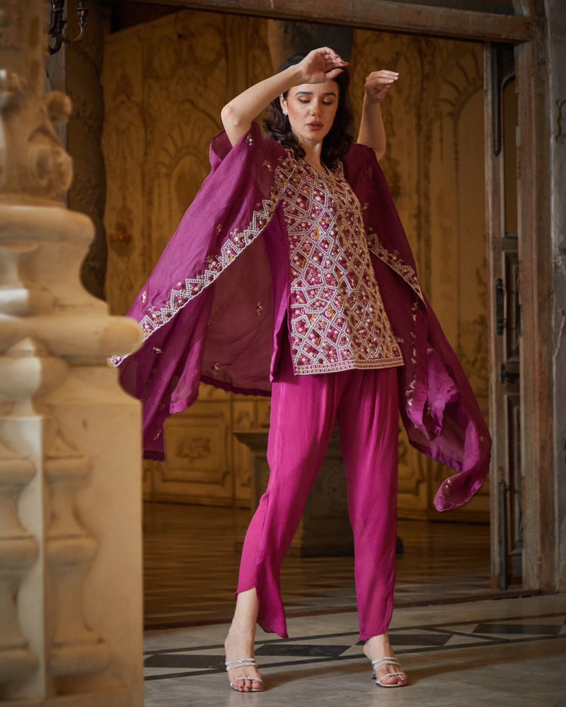 Designer maroon Hand Embroidered Dhoti pant Jacket set