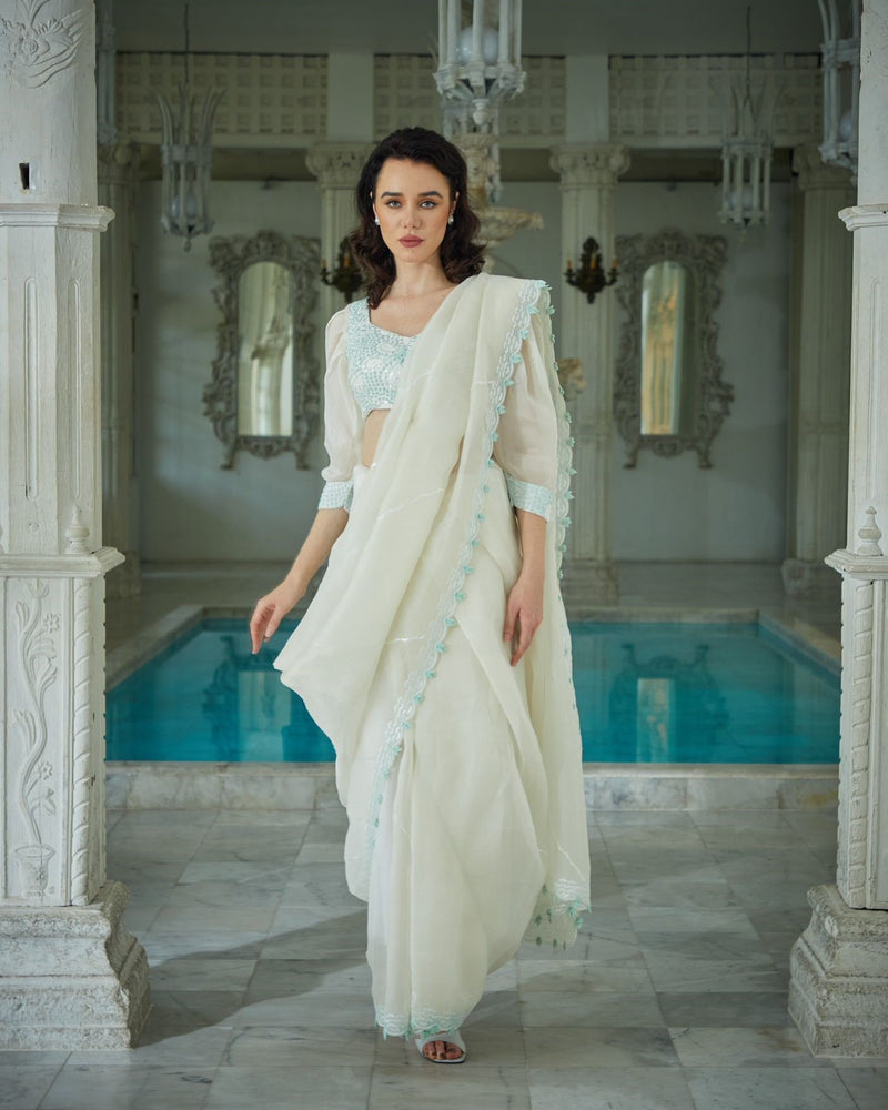 Designer white color Hand Embroidered saree blouse set